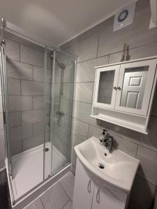 a bathroom with a shower and a sink at Stylish and Modern Space in Shenley Brook End +14 photos