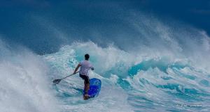 a man riding a wave on a surfboard in the ocean at Calme et Nature in Saint-Leu