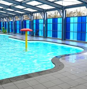 a pool with a red umbrella in the water at Vijverzicht de Goudkarper 154 in Gramsbergen