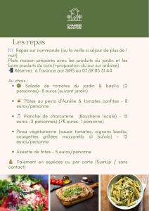 a menu of food items on a table at chambre aux moutons in Saint-Méard-de-Gurçon