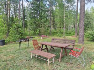 a picnic table and two chairs and a grill at Large detached house without neighbors in Kouvola