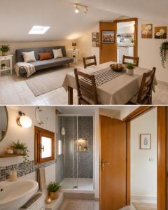 a living room and a kitchen with a dining room and a living room with at Appartamentino Mansardato in Pedara