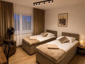 a bedroom with two beds and a window at Apartament i pokoje Szalawa in Kalisz
