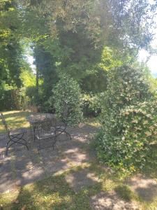 a table and chairs sitting next to a bush at Appartamento in Villa in Mondaino