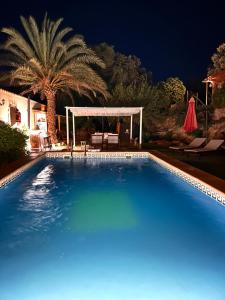a large swimming pool at night with a gazebo at Casita Balear Sa Coveta in Algaida