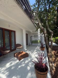 a patio with two chairs and a table and a tree at Apartmani Primorski kutak in Jadranovo
