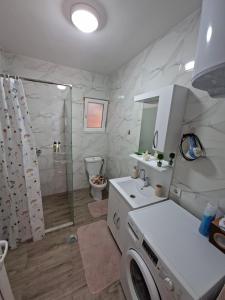 a bathroom with a shower and a washing machine at City Center Studio Apartment in Prizren +8 photos