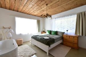 a bedroom with a bed and a bath tub at Green Escape-Entire House in Moldoveneşti