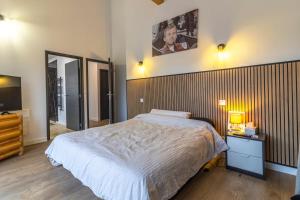 a bedroom with a large bed and a television at villa avec piscine in Hendaye