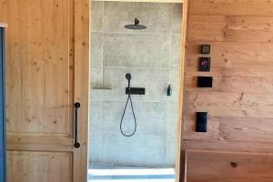 a shower in a bathroom with a glass door at Bayerwald Chalet Liebenstein in Bad Koetzting +37 photos