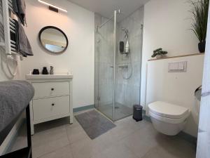 a bathroom with a shower and a toilet and a sink at Sunset House Svencele in Svencelė +11 photos