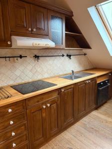 a kitchen with wooden cabinets and a sink at Timber City Loft in Slezská Ostrava