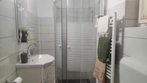a white bathroom with a shower and a sink at Napsugár Nyaraló in Tiszaalpár +13 photos