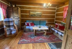 a living room with a couch and a table in a cabin at Chata Reľov in Reľov