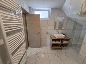 a bathroom with a sink and a shower at Apartma Markelj in Radovljica +33 photos