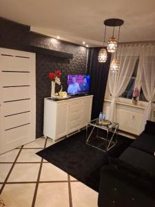 a living room with a couch and a tv at Apartament Glamour in Rybnik +18 photos