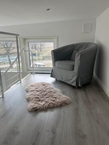 a living room with a chair and a furry rug at Stuga 2 Björkeslund in Veberöd