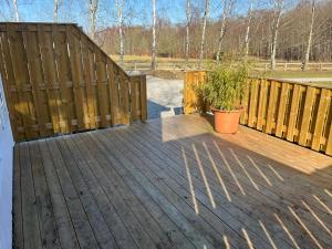 a wooden deck with a potted plant on it at Stuga 2 Björkeslund in Veberöd