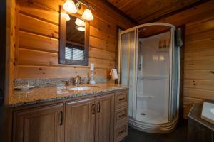 a bathroom with a sink and a shower at Chalets Gallix in Sept-Îles +124 photos