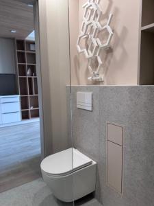 a bathroom with a toilet and a glass wall at Diuna Apartamenty in Rowy