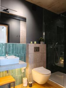 a bathroom with a sink and a toilet and a shower at Harasiuki House in Harasiuki +16 photos