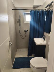 a bathroom with a shower with a toilet and a sink at Family apartments Jimmy - city center in Pag +58 photos