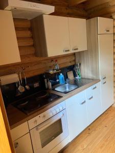a kitchen with white cabinets and a sink at Vacations for a good cause in Drochtersen