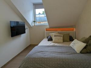 a bedroom with a bed and a flat screen tv at L'industriel in Sarreguemines