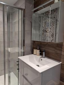 a bathroom with a white sink and a shower at L'industriel in Sarreguemines