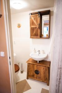 a bathroom with a sink and a toilet at Valašská chalupa Červenka in Lužná