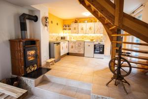 a kitchen with a wood stove in a room at Valašská chalupa Červenka in Lužná