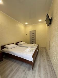 a bedroom with two beds and a tv on the wall at Abelyans Fam Hotel in Alaverdi