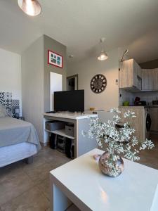 a living room with a bed and a desk with a tv at Studio en plein cœur de Saint Florent in Saint-Florent