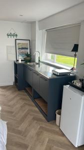 a kitchen with a sink and a large window at Follies Garden Studio in Dungarvan