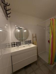 a bathroom with a sink and a mirror and a tub at Studio en plein cœur de Saint Florent in Saint-Florent +6 photos