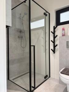 a shower with a glass door in a bathroom at Nowa Stodoła in Władysławowo +20 photos
