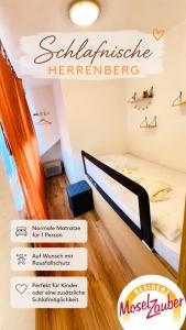 a poster of a bedroom with a bed in a room at Residenz Moselzauber - Ferienwohnungen mit Pool Landschaft in Ernst