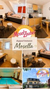 a collage of photos of a living room and a house at Residenz Moselzauber - Ferienwohnungen mit Pool Landschaft in Ernst