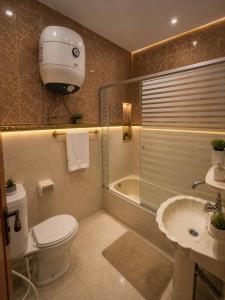 a bathroom with a toilet and a shower and a sink at Lava pyramids hotel in Cairo +20 photos