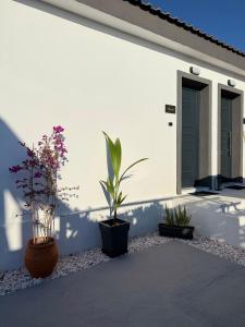 a white house with potted plants in front of it at Grigoriou apartments in Nea Potidaea