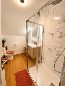 a bathroom with a shower with a sink and a toilet at Évasion Aubinoise, charmant duplex in Saint-Aubin-lès-Elbeuf