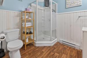 a bathroom with a toilet and a shower at Pepperell Place Inn Inc. in St. Peter's