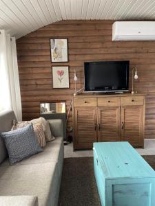 a living room with a couch and a flat screen tv at Paraisten Helmi in Lönäs