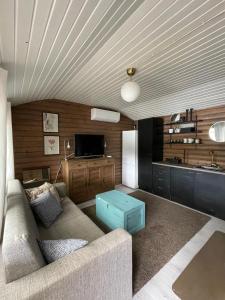 a living room with a couch and a television at Paraisten Helmi in Lönäs
