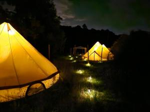 two tents with lights in the grass at night at Acorn Pool Tented Camp in Nidda