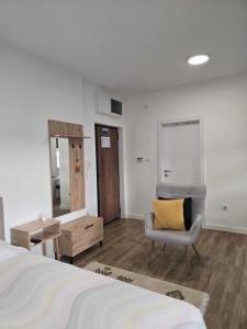 a bedroom with a bed and a chair and a mirror at Kmb Apartment in Kragujevac