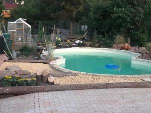 a swimming pool with a toy in a garden at Acorn Pool Tented Camp in Nidda