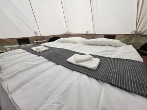 a bed in a tent with two towels on it at Acorn Pool Tented Camp in Nidda +6 photos