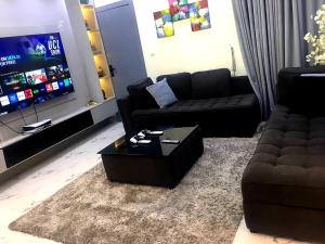a living room with a couch and a coffee table at Vintage Apartment in Araromi