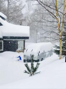 uma carrinha coberta de neve num quintal em White Rose Inn em Hachimantai